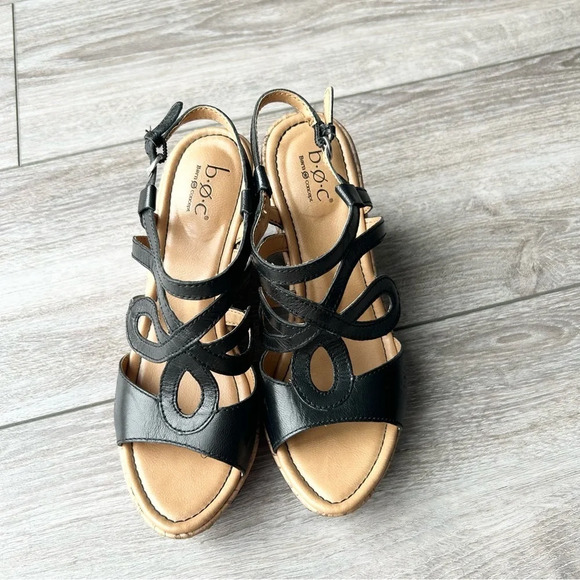 BOC Born Concept Black Leather Wedge Heels Sandals - Picture 2 of 16